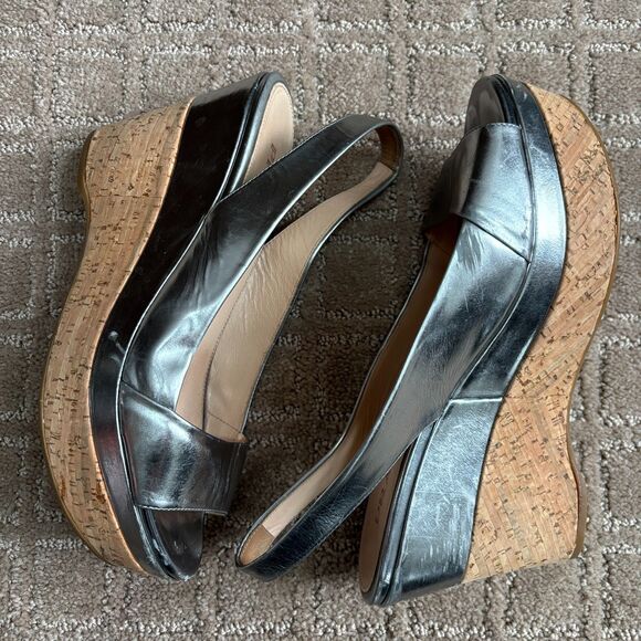 Prada Patent Leather Slingback Platform Wedge Sandal Womens 36.5 Silver Peeptoe - Picture 2 of 14